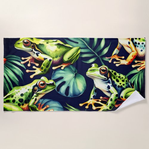 Green and orange frogs on fresh leaves watercolor beach towel