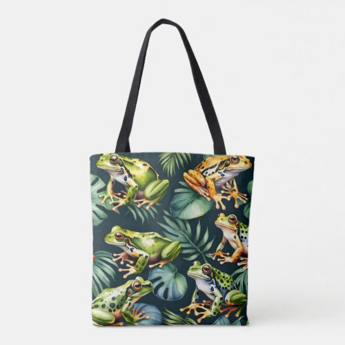 Green and orange frogs tote bag