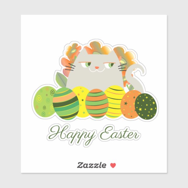 Green and Orange Funny Cute Cat Happy Easter Sticker (Sheet)