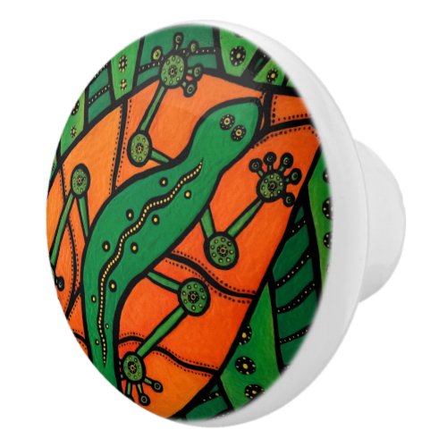 Green And Orange Gecko Lizard Ceramic Knob