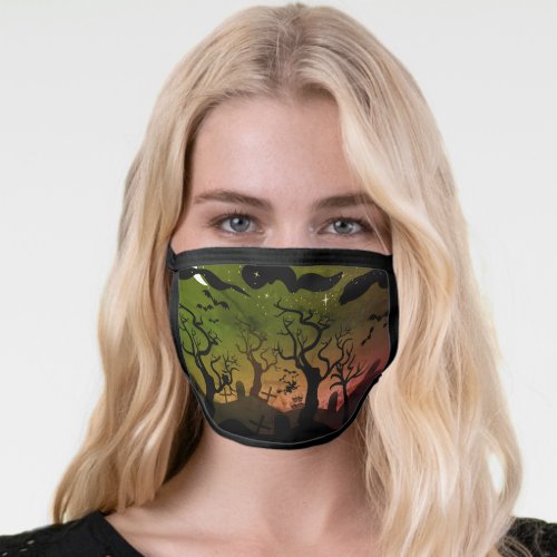 Green and orange graveyard scene Halloween Face Mask