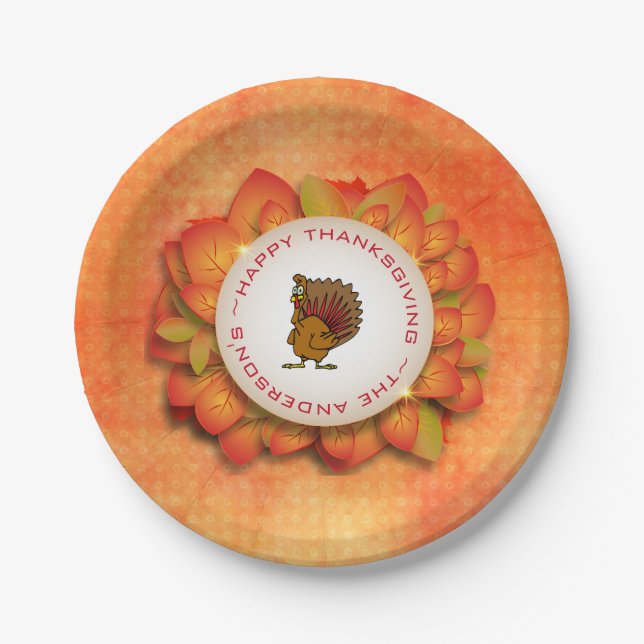 Green And Orange Leaves And Turkey Paper Plates (Front)
