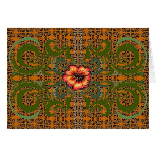 Green and Orange Pattern with a Red Flower Cards (Front Horizontal)