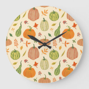 Green and orange pumpkins, seamless pattern. large clock