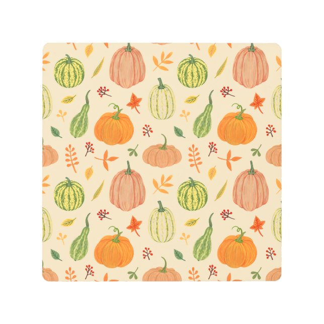 Green and orange pumpkins, seamless pattern. metal print (Front)
