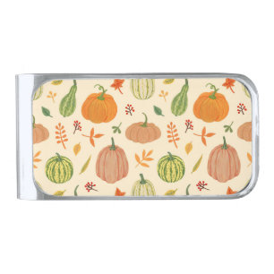 Green and orange pumpkins, seamless pattern. silver finish money clip