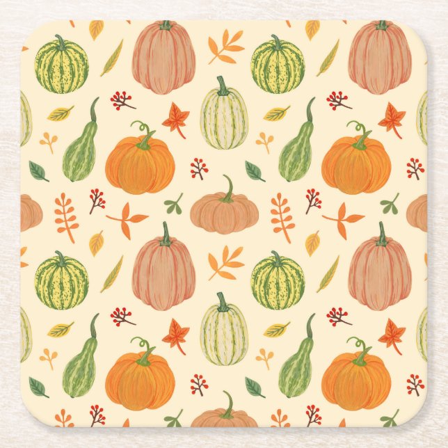 Green and orange pumpkins, seamless pattern. square paper coaster (Front)