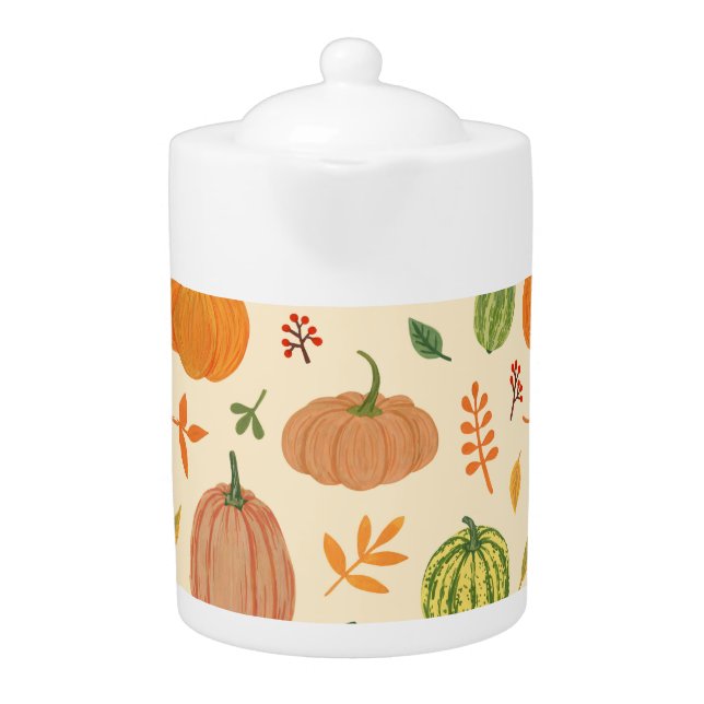 Green and orange pumpkins, seamless pattern. teapot (Front)
