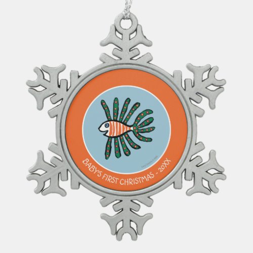 Green and Orange Twin Fin Fish Snowflake Pewter Christmas Ornament
