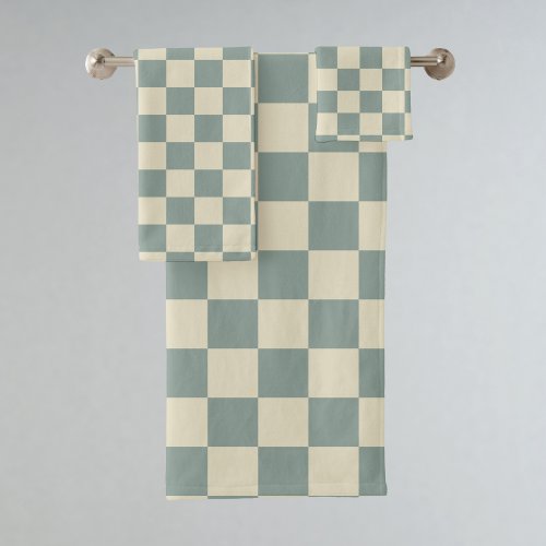 Green and Pale Yellow Checkerboard Bath Towel Set