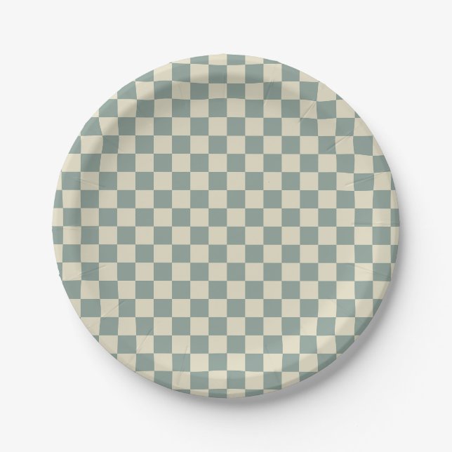 Green and Pale Yellow Checkerboard Paper Plates (Front)