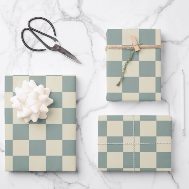 Green and Pale Yellow Checkerboard Wrapping Paper Sheets (Front)