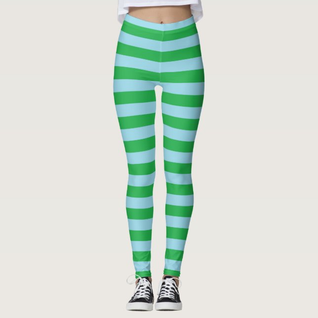 Green and Pastel Blue Stripes Leggings (Front)