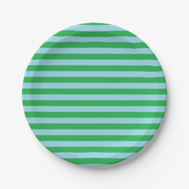 Green and Pastel Blue Stripes Paper Plates (Front)