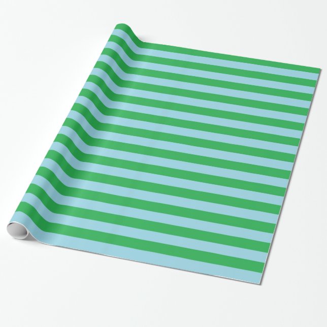 Green and Pastel Blue Stripes Wrapping Paper (Unrolled)