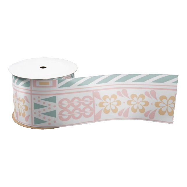 Green and Peach Geometric Satin Ribbon (Spool)