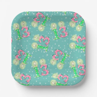 Green and Pink 13th Birthday Paper Plates