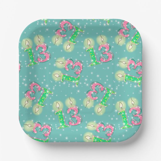 Green and Pink 13th Birthday Paper Plates (Front)