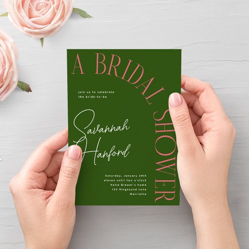 Green and Pink Arched Text Modern Bridal Shower  Invitation