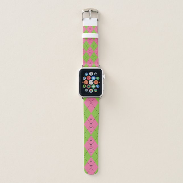 Green and Pink Argyle Apple Watch Band (Front)