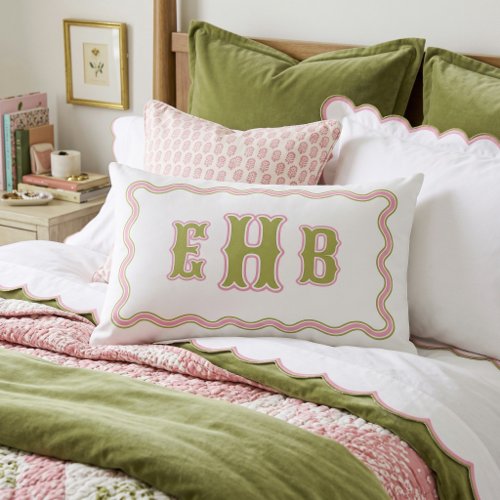 Green and Pink Bespoke Scalloped Monogram Lumbar Pillow