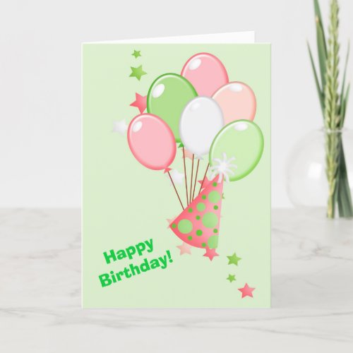 Green and Pink Birthday Balloons Card