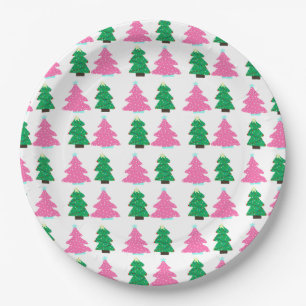 Green and Pink Christmas Trees Paper Plates