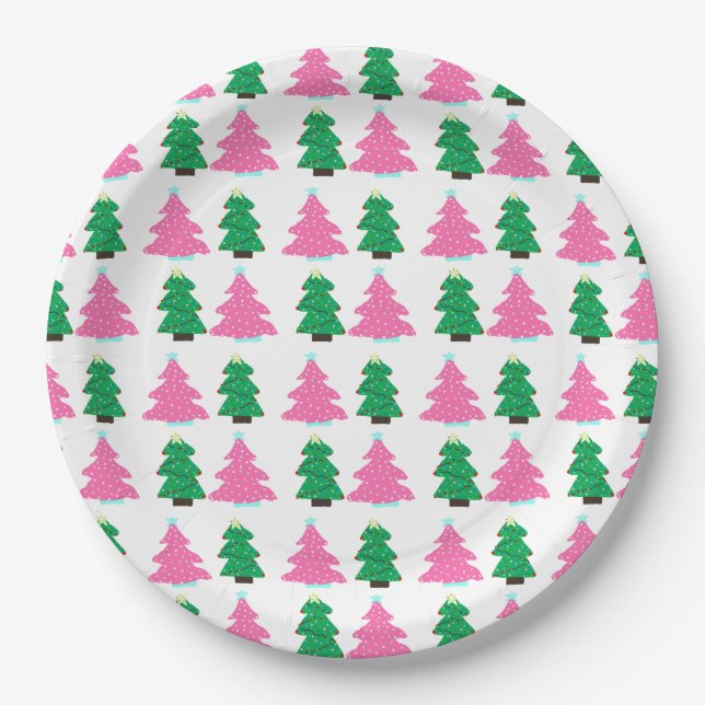Green and Pink Christmas Trees  Paper Plates (Front)