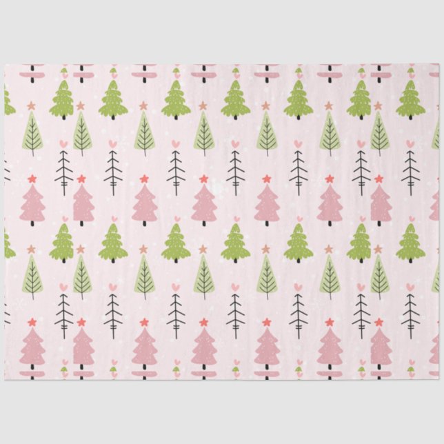 Green and Pink Christmas Trees Stars Christmas Tissue Paper (Front)