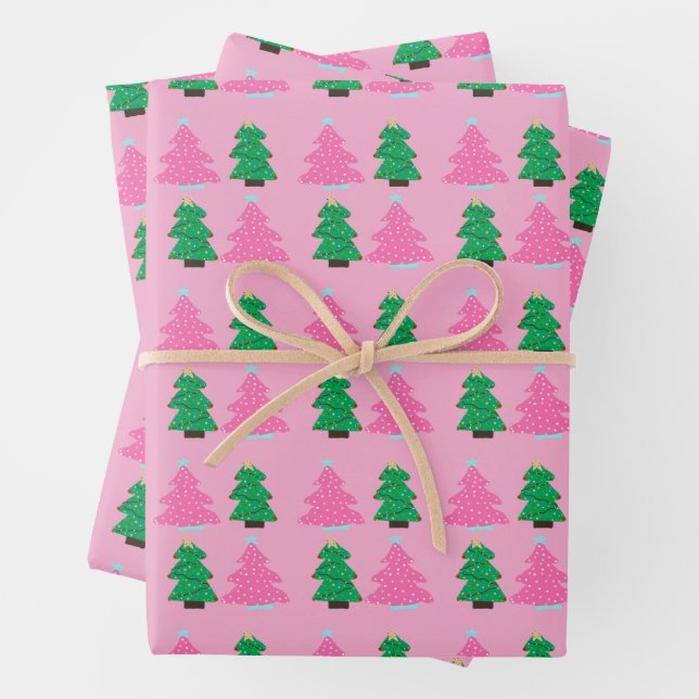 Green and Pink Christmas Trees  Wrapping Paper Sheets (In situ)