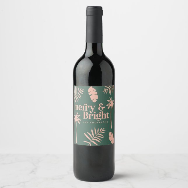 green and pink Christmas tropical favor gift Wine Label (Front)