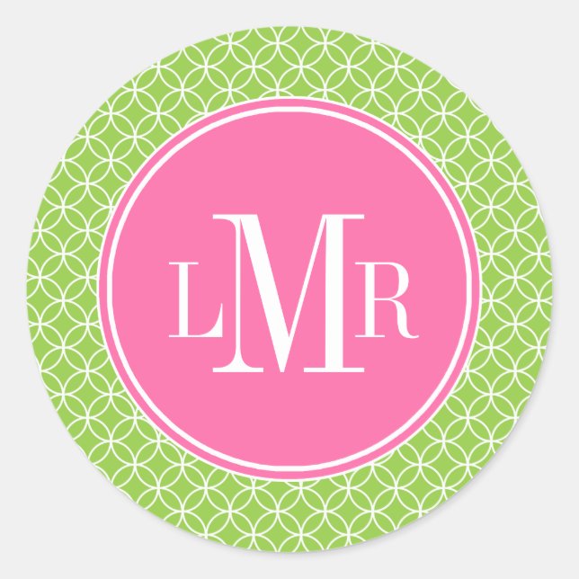 Green and Pink Circles Pattern Monogram Classic Round Sticker (Front)