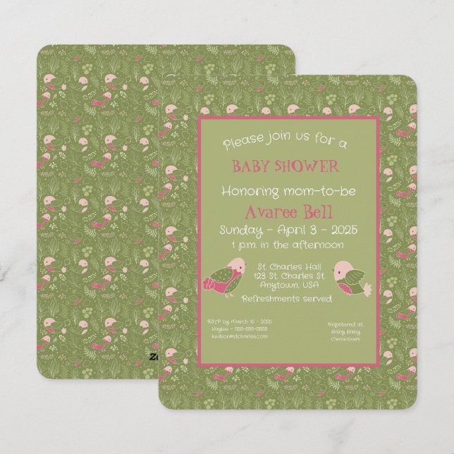 Green and Pink Cute Birds Baby Girl Shower Holiday Card (Front/Back)