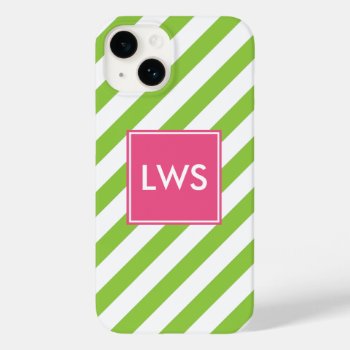 Green And Pink Diagonal Stripes Monogram Case-mate Iphone 14 Case by heartlockedcases at Zazzle