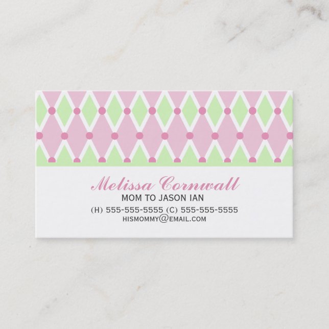 Green and Pink Diamonds Pattern Mommy Cards (Front)