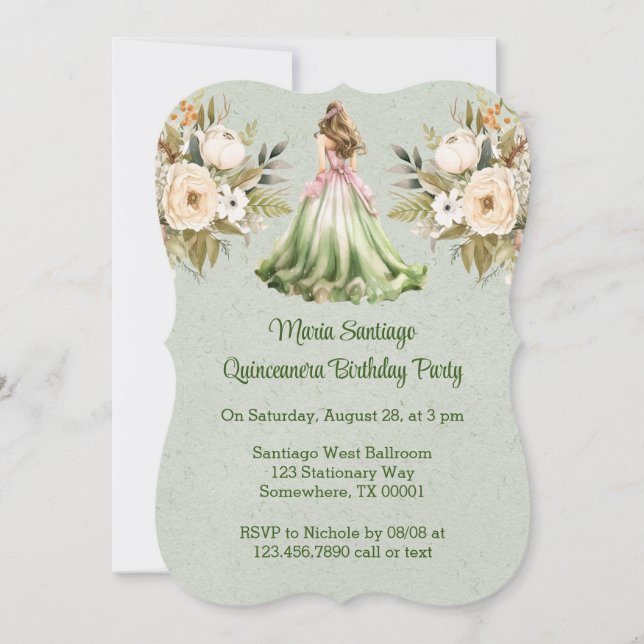 Green and Pink Dress Quinceanera Birthday Party Invitation (Front)