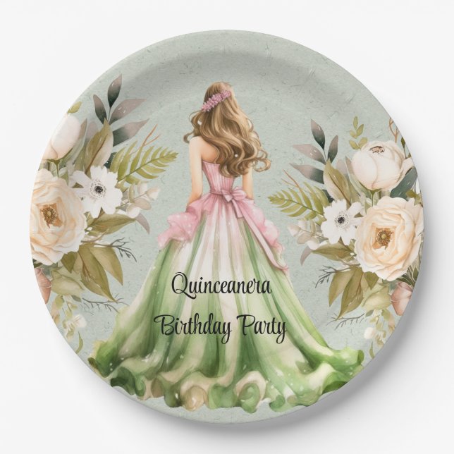 Green and Pink Dress Quinceanera Birthday Party Paper Plates (Front)