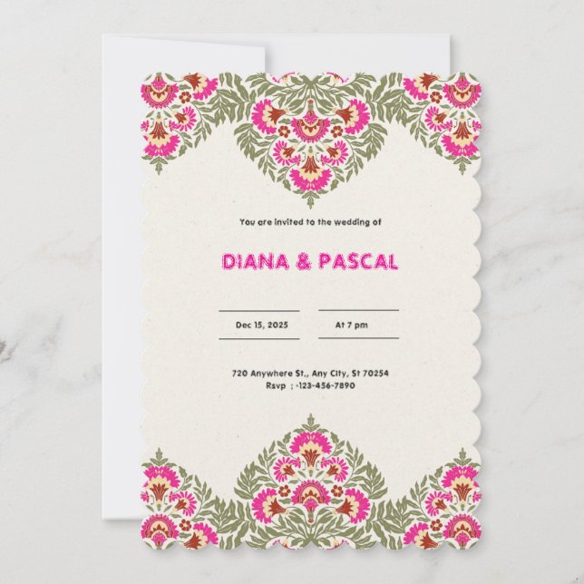 Green and Pink Elegant Floral Indian Wedding Invit Invitation (Front)