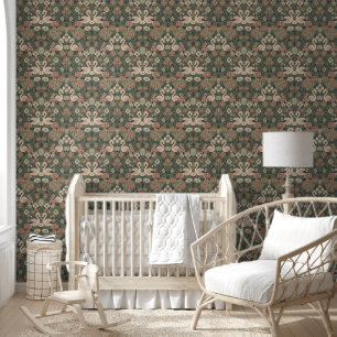 Green and Pink Flamingo Floral Damask Wallpaper