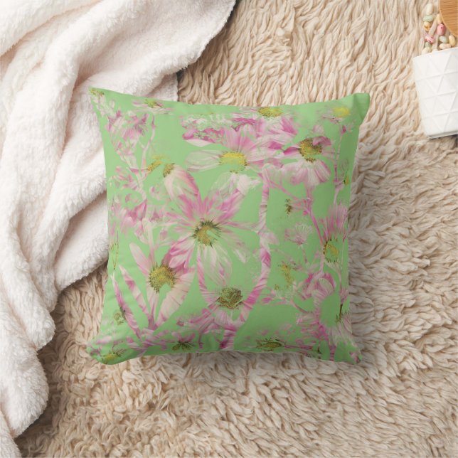 Green and Pink Floral Abstract Throw Pillow (Blanket)