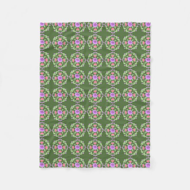 Green and Pink Floral Fleece Blanket (Front)