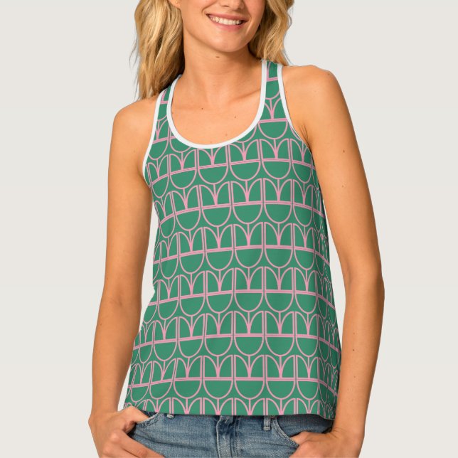 Green and Pink Floral Line Art Pattern Tank Top (Front)