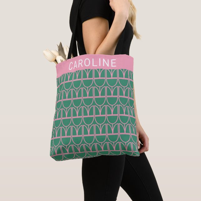 Green and Pink Floral Line Art Pattern Tote Bag (Close Up)