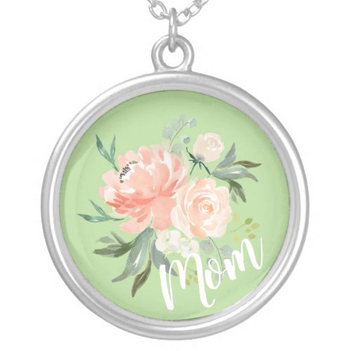 Green and Pink Floral Watercolor Mom Silver Plated Necklace