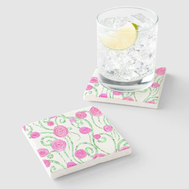 Green and Pink Flower Illustration Stone Coaster (Side)