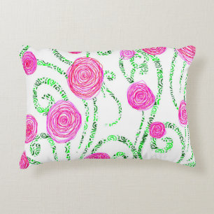 Green and Pink Flower Vines Accent Pillow