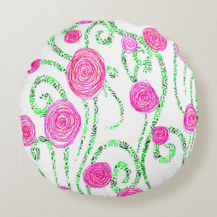 Green and Pink Flower Vines Round Pillow