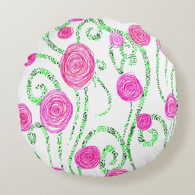 Green and Pink Flower Vines Round Pillow (Front)