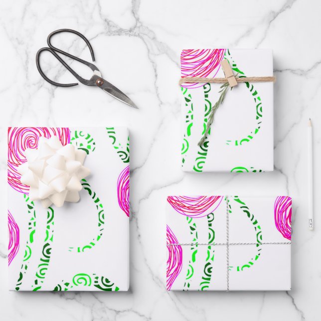 Green and Pink Flower Vines Wrapping Paper Sheets (Front)