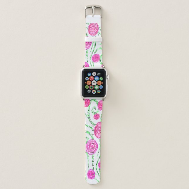 Green and Pink Flowers Apple Watch Band (Front)